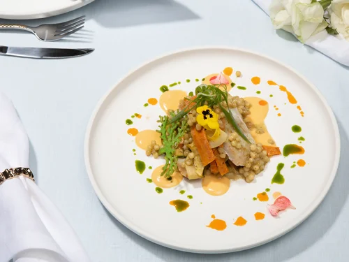 Судак с тельятелле из овощей